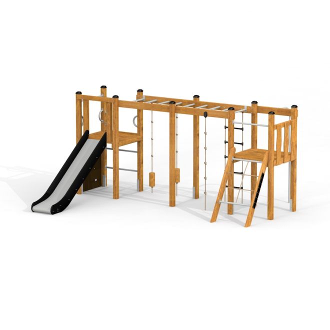 Zebra Modern Nature single slide wooden playground structure with slide and climbing elements