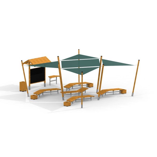 Outdoor Classroom with wooden benches, sunshades, blackboard, and plant pots outdoor learning space