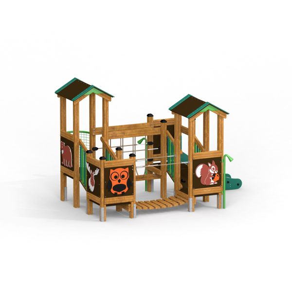 Forest Treehouse playhouse with slide and animal illustrations.