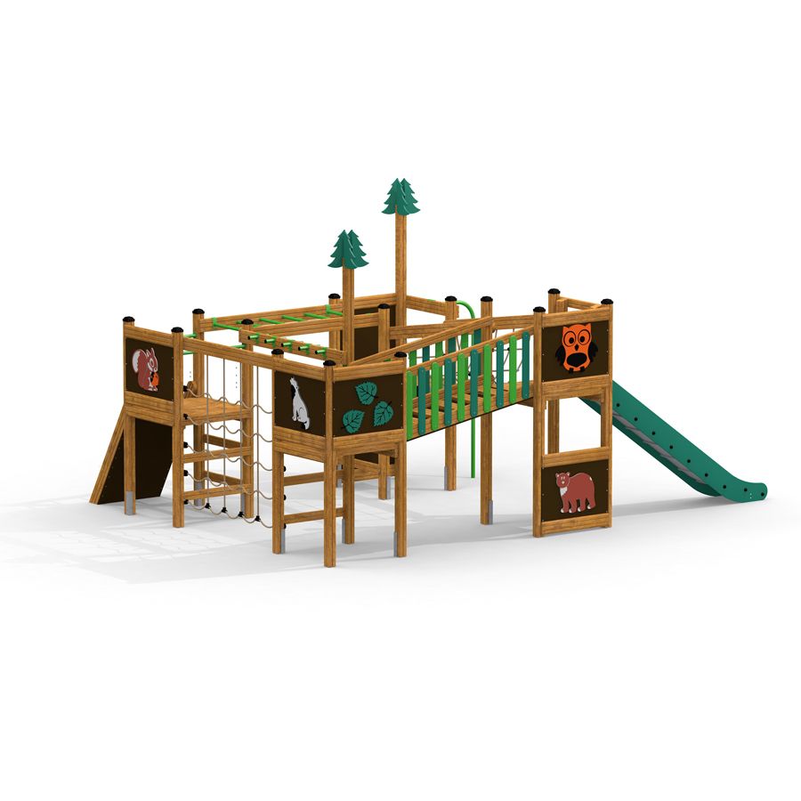 wooden playground for children with forest decor