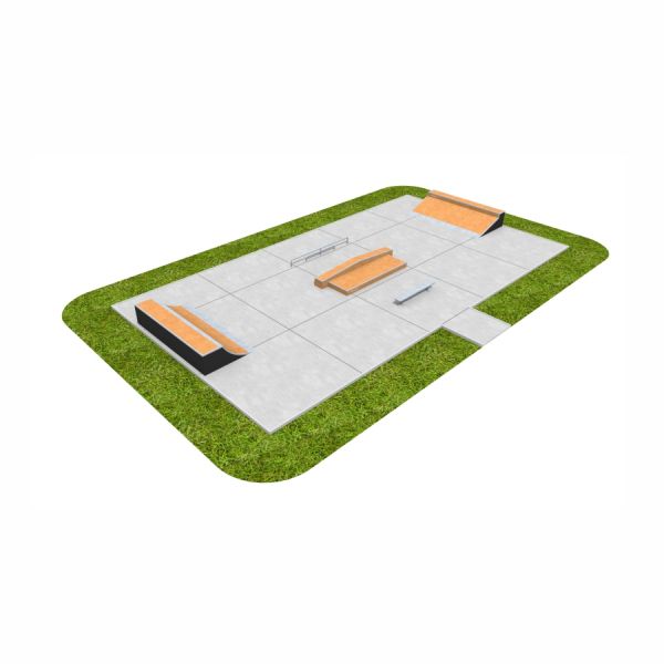 Skate Park 02 with ramps and railings on a concrete surface surrounded by grass.