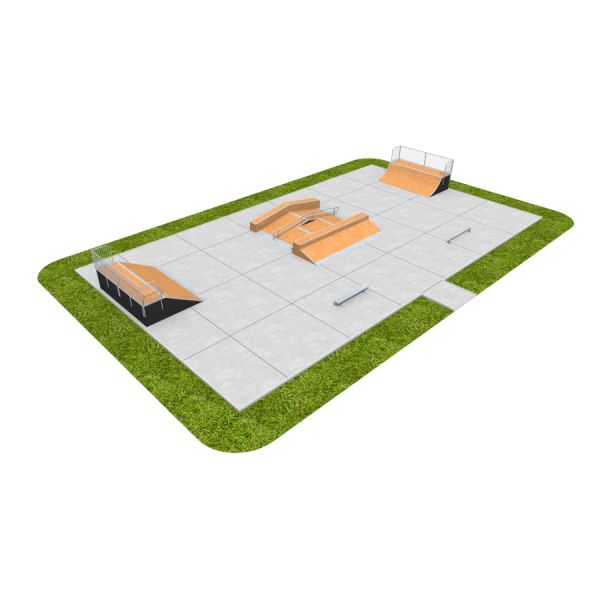 Skate Park 05 with ramps, grind rails, and quarter-pipes on a concrete surface.