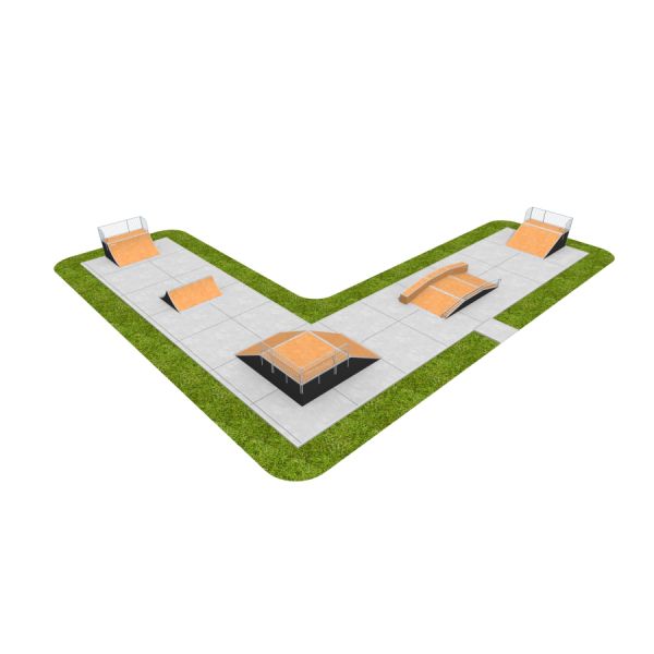 Skate Park 11 with various ramps and rails on a V-shaped layout