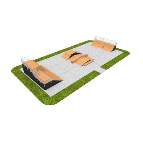Skate Park 12 with various ramps and rails on a concrete base, surrounded by grass