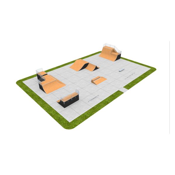Skate Park 13 with ramps and rails on a concrete surface'