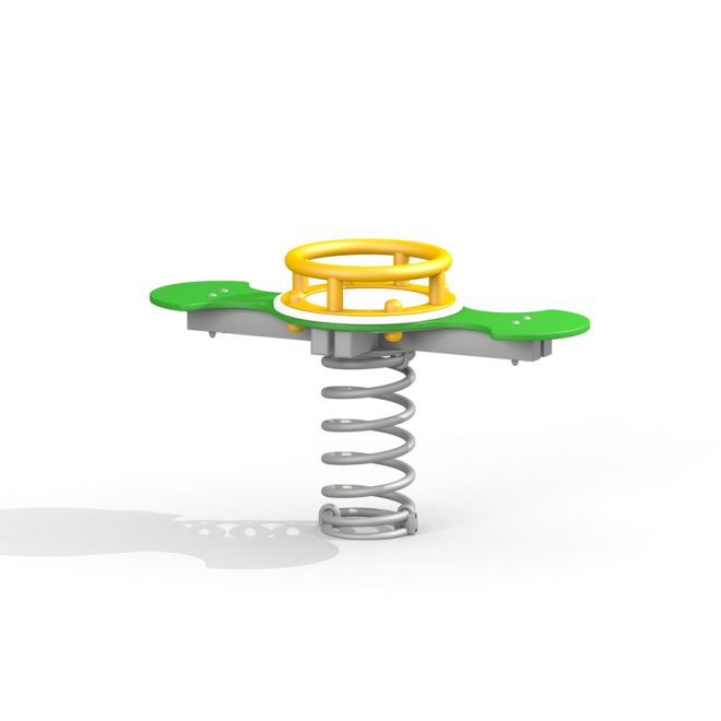 Green and yellow Clover Spring Rider (2 Seats) rocking toy with central spring.