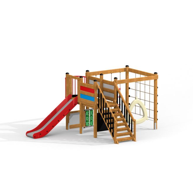 Kiosk w/ Educational Boards single slide with staircase and mesh climbing frame.