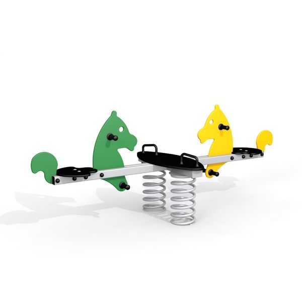 Double Pony rocking playground equipment with green and yellow pony seats.