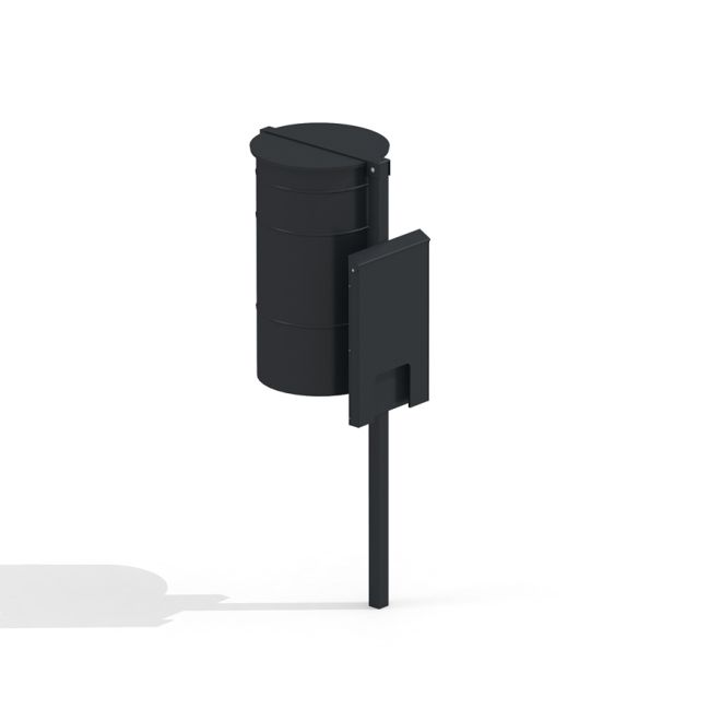 Black outdoor Dog Waste Bin on a pole.