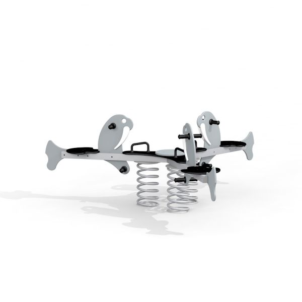 Triple Walrus rocking playground equipment with three seats and spring base.