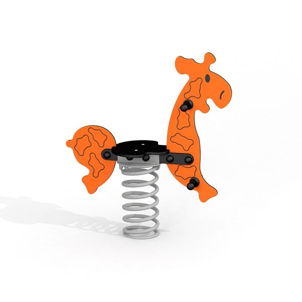 Orange Giraffe rocking animal for playground with metal spring base.