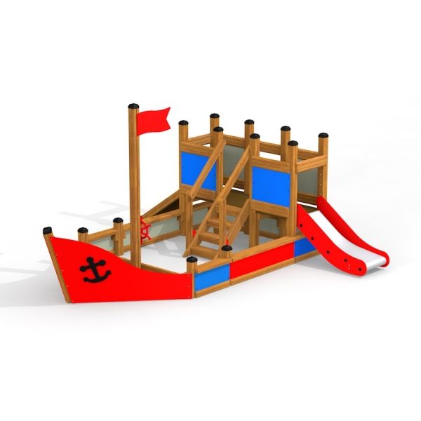 Wooden playground ship with red slide and flag for children, Small Ship sandbox