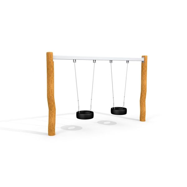 Double swing with wooden frame and tire seats