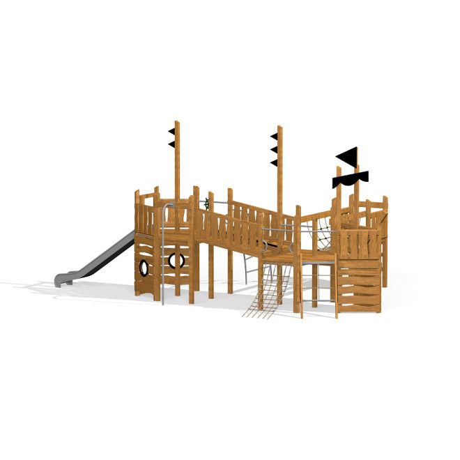 Wooden playground ship structure with slide and climbing nets, Ship Uvala.