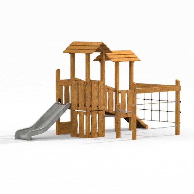 Tower playhouse with slide Uvala made of wood with climbing net and two roofs