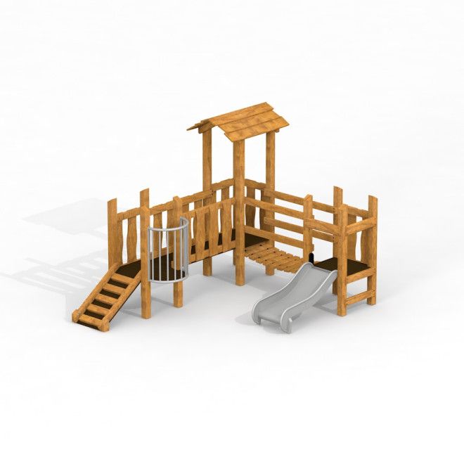 Fortress playhouse with slide Uvala made of wooden playground equipment with stairs and climbing ele