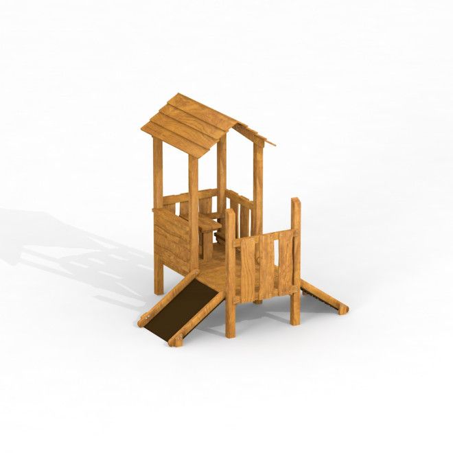 Wooden Playhouse Uvala structure with small slide and roof for playground activities.
