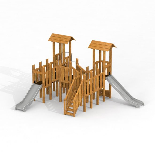 Adventure lodge Uvala wooden playground structure with two slides and climbing stairs