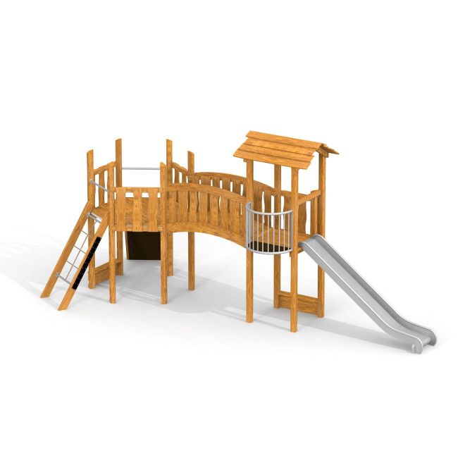Hexagon II single slide Uvala wooden playground structure with slide and climbing ladder
