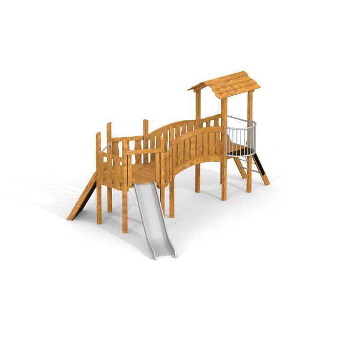 Hexagon single slide Uvala wooden playground structure with slide and climbing elements