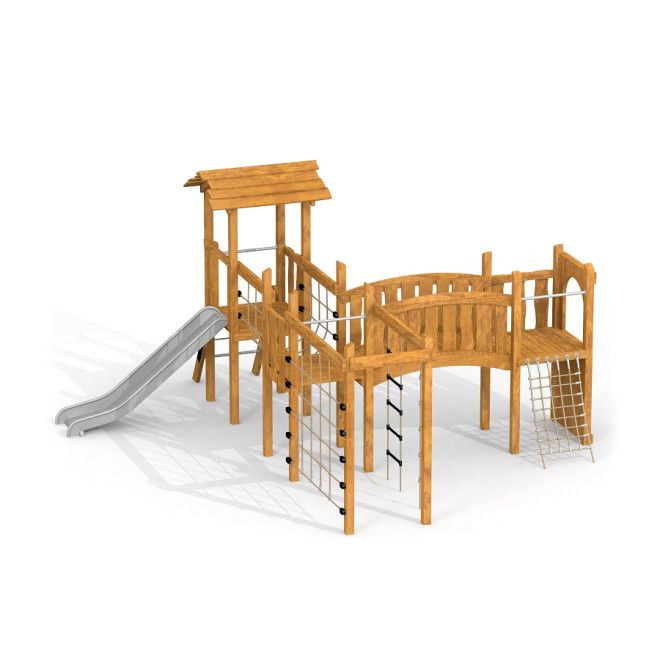 Wooden playground structure with slide and climbing net from Romping Cottage Uvala.