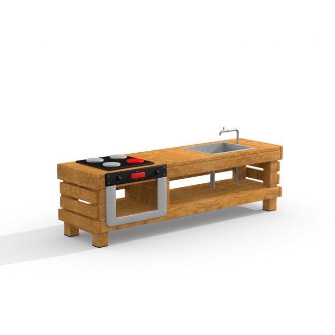 Wooden Kitchen Table Uvala with sink and stovetop oven.