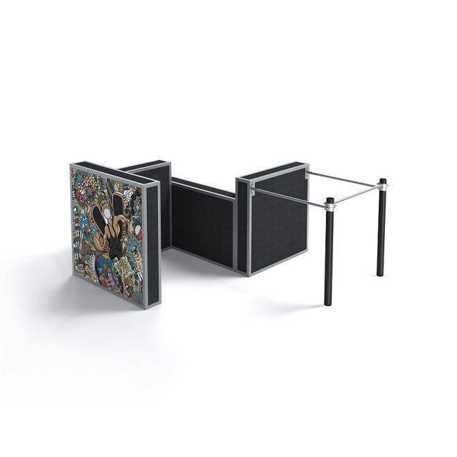 Small parkour set II with graffiti artwork, featuring black walls and metal bars for training.