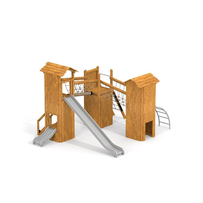 Aconcagu Uvala wooden playground structure with slides and climbing elements