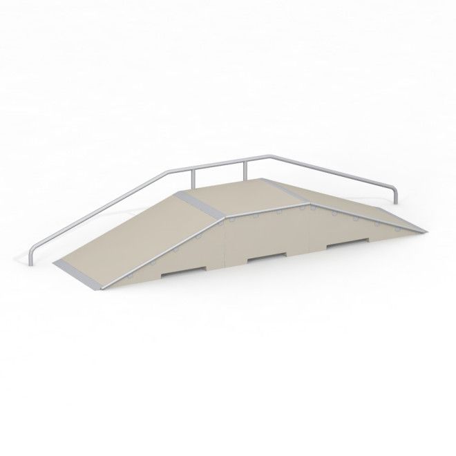 Double ramp with metal handrails for skateboarding