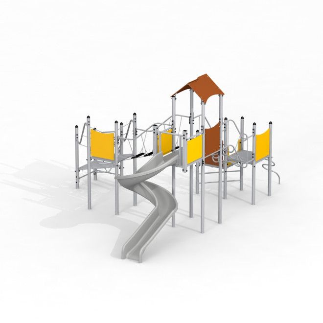 Base with a slide playground equipment with yellow panels and gray metal structure