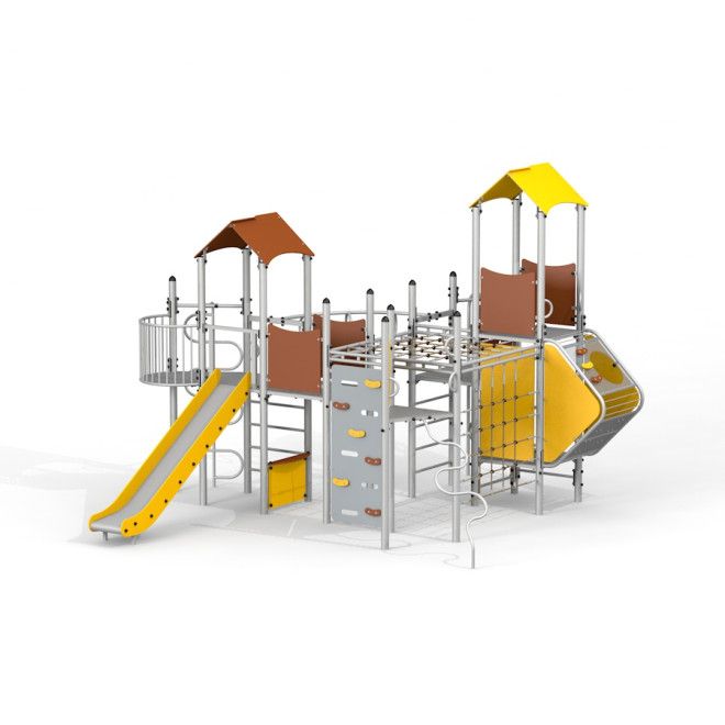 Fort with two towers and a slide playground equipment with climbing walls and yellow slides