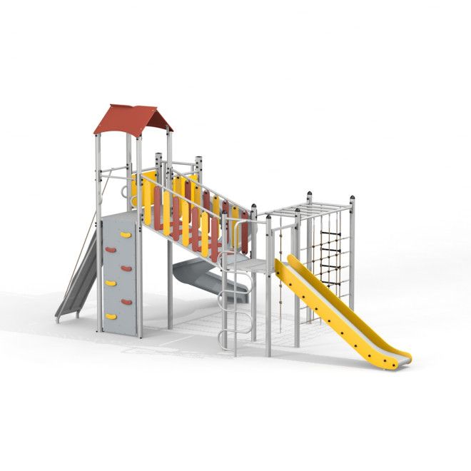 Twister with two slides playground climbing structure with yellow and red accents.