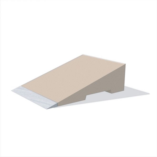 An inclined beige wooden ramp for playgrounds.