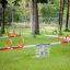 Double Seesaw in a park with green grass and trees.