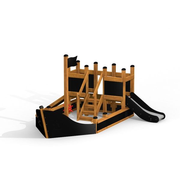 Wooden pirate ship playground structure with slide - Small Ship Nature.