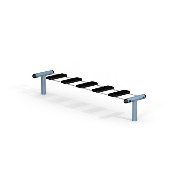Children's playground equipment, Bridge model with black steps and blue support bars.