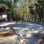 Sandbox with bark in forested playground area'