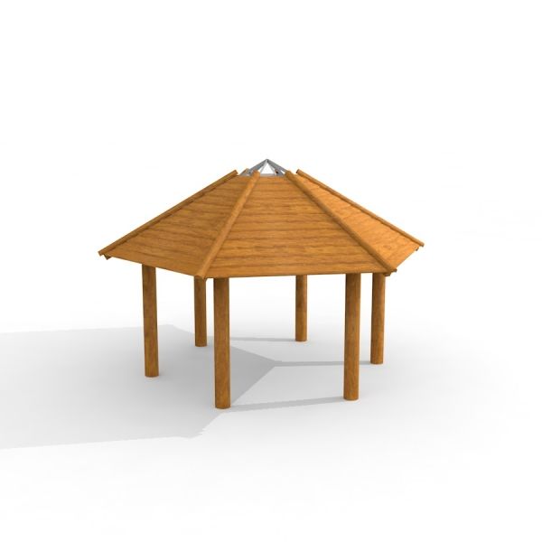 Wooden Firehouse gazebo with hexagonal roof and six supporting pillars.