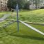 Outdoor balancing equipment by Balances on a green playground.
