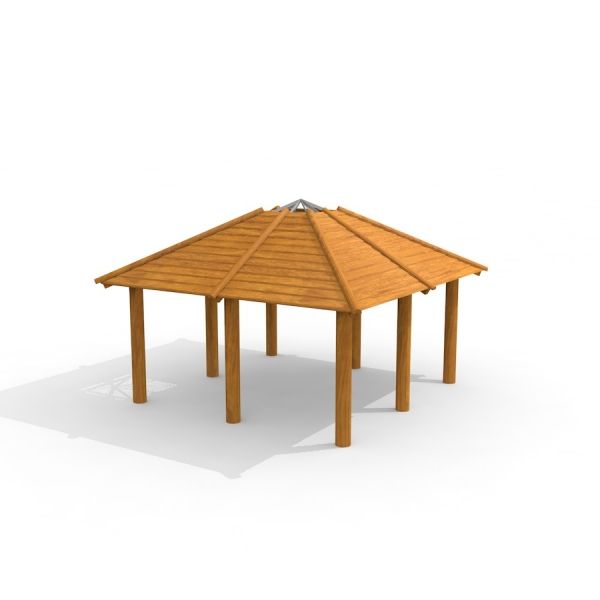Firehouse wooden pavilion structure with a hexagonal roof and six supporting pillars