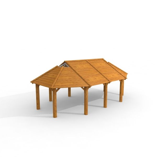 Wooden Long Firehouse with pavilion-style roof structure.