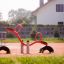 Red SeeSaw playground equipment with seats and handles on a sports field