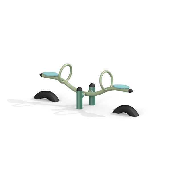 SeeSaw playground equipment with green frame and blue seats