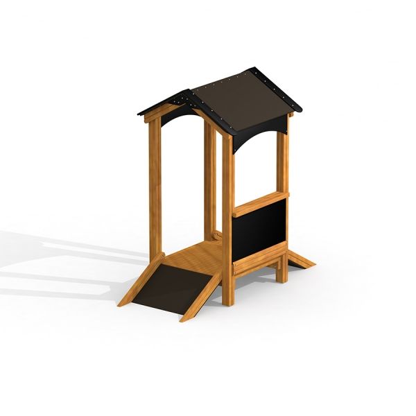 Wooden single playhouse with a black roof and ramp from Sand Pavilion Nature series.