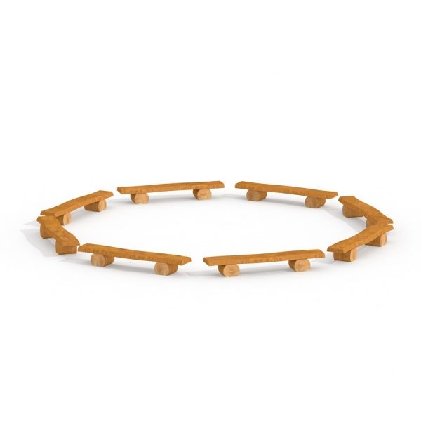 Wooden benches arranged in a circle for Firepit seating.