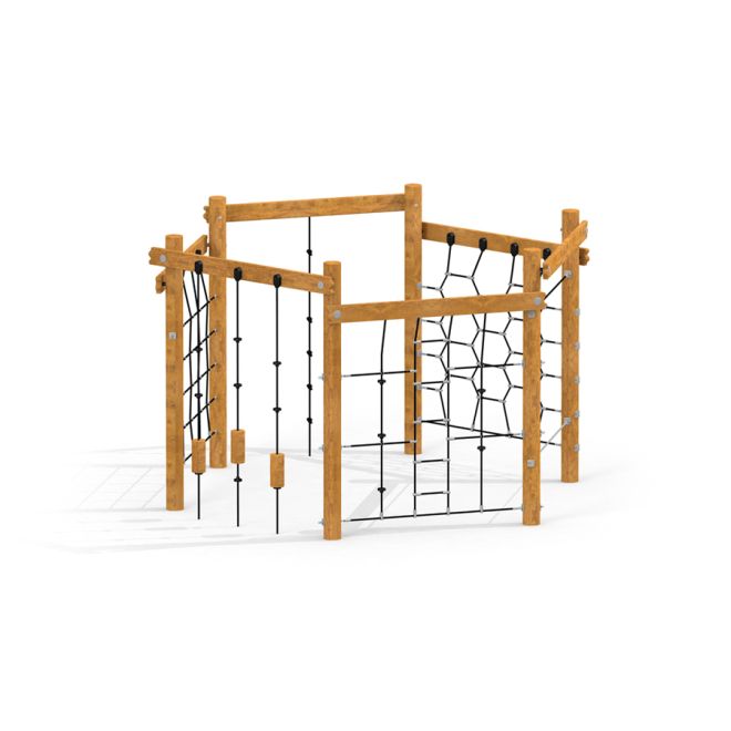 Yellowstone wooden playhouse with climbing ropes and nets