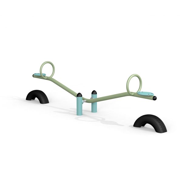 Seesaw playground equipment with circular handles and curved black supports.