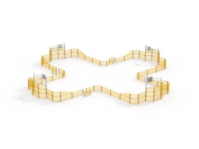 Outdoor sports field Maracana with yellow fencing and basketball hoops.