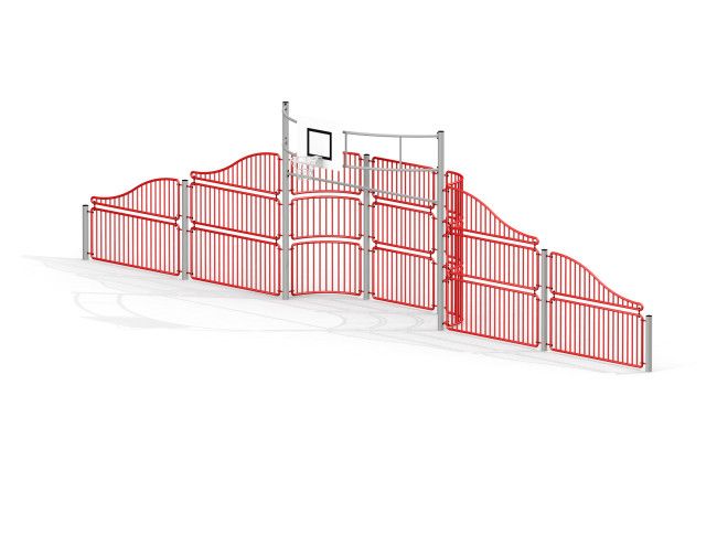 Olimpico multi-use sports structure with red fencing and basketball hoop