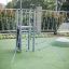 Steel structure playground equipment Sword fish with rope net on green playground.